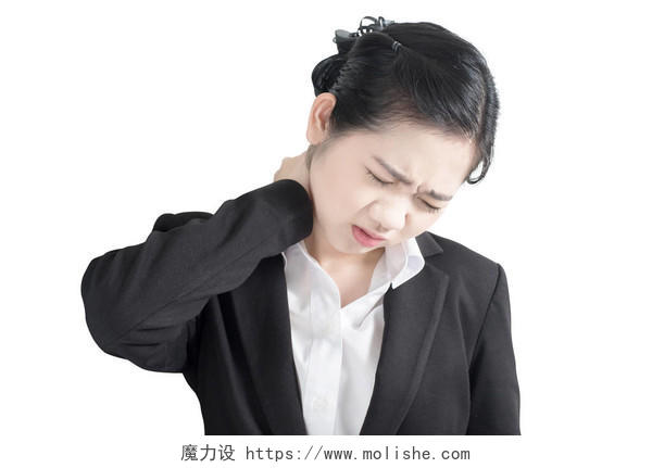 急性痛和喉咙痛的症状，在白色背景上孤立的女商人。白色背景上剪切路径肩颈疼痛喉咙疼痛